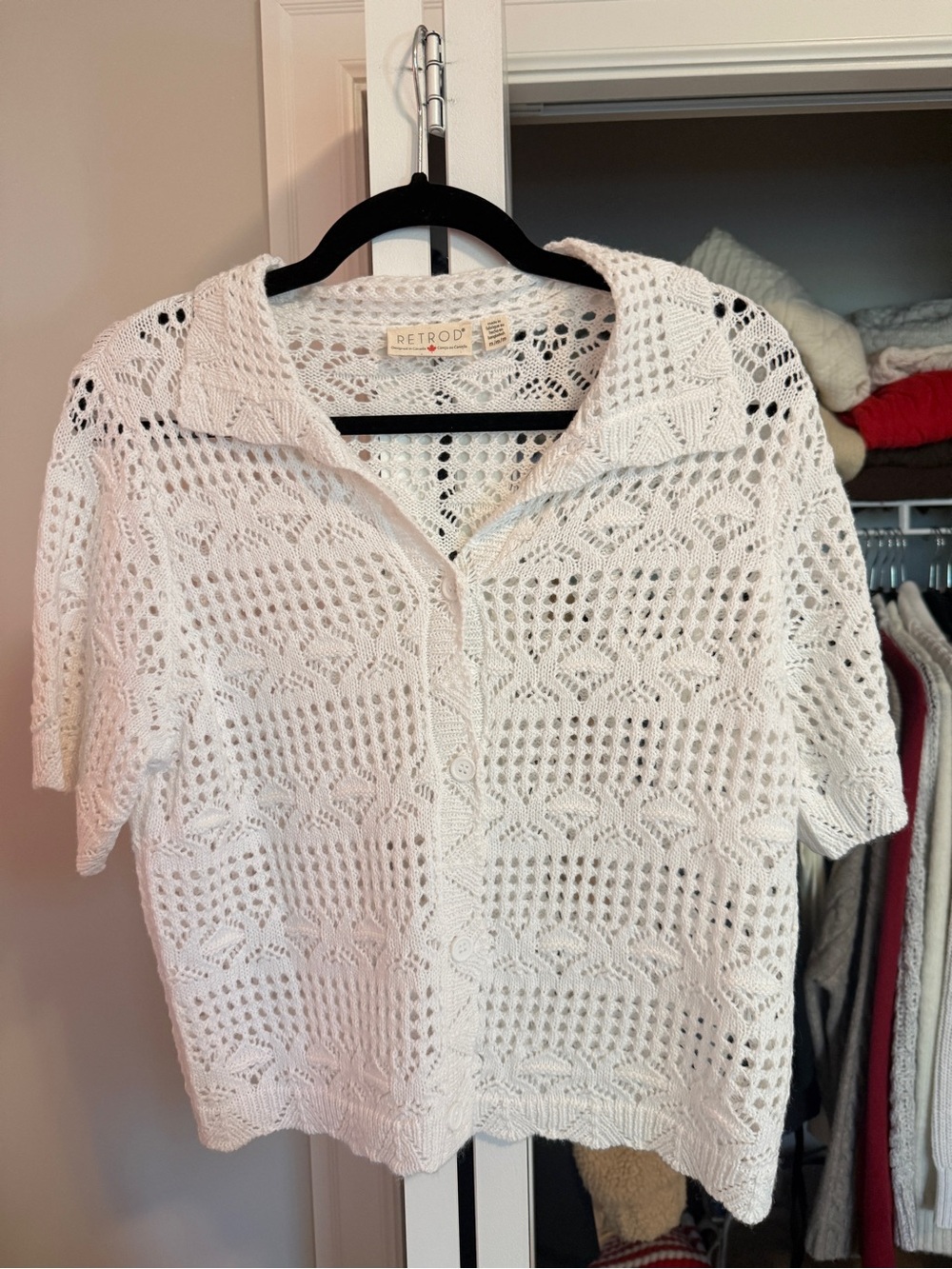 White Crochet Knit Short Sleeve Polo Top